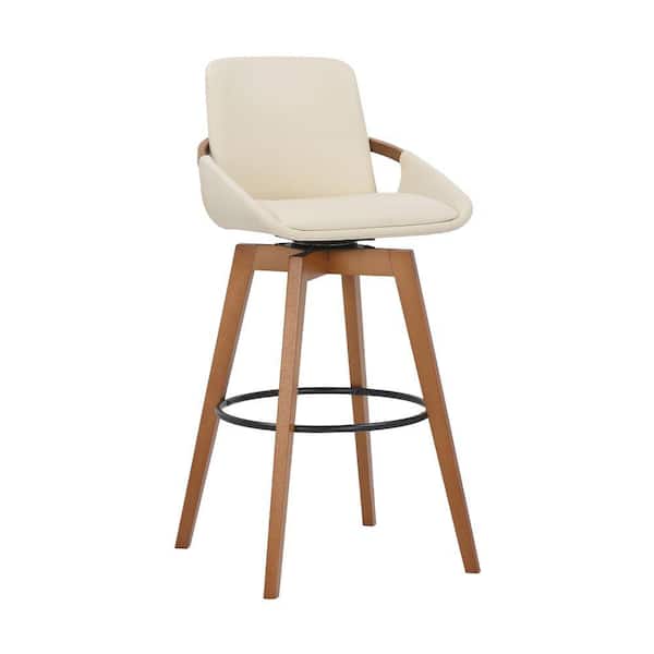 Benjara 30.5 in. Cream and Walnut Low Back Wooden Frame Bar Stool with Faux Leather Seat