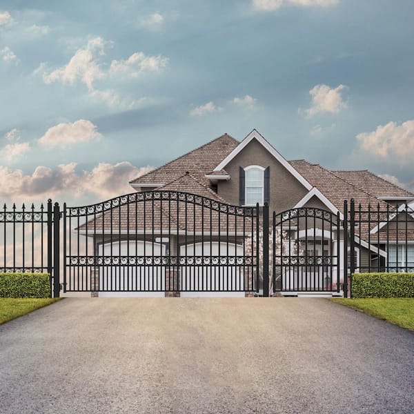ALEKO 23 ft. x 6 ft. x 18 ft. Black Steel Single Sliding Driveway Gate Paris Style with Pedestrian Gate 5 ft. Fence Gate