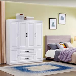 White Wooden 74 in. H x 63 in. W x 20 in. D Bedroom Armoire Wardrobe Closet 4-Door Hanging Rod, Drawers, Storage Shelves