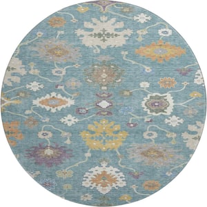 Mayfield Premium Machine Washable Abstract AMF2532 Teal 8 ft. x 8 ft. Round Rug