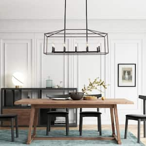 10-Light Farmhouse Black and Wood Grain Rectangle Hanging Linear Island Chandelier Lighting for Kitchen Island