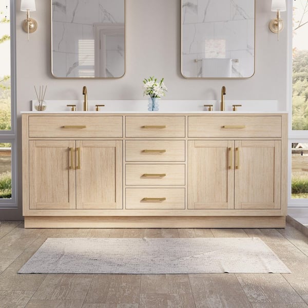 80 in. Double Sink Freestanding Solid Wood Bath Vanity in OAK with White Quartz Top, Soft-Close, Full Assembled