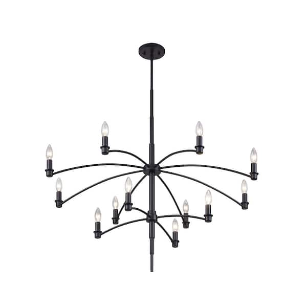 KAWOTI 12-Light Black 2 Tiered Transitional Sputnik Chandelier for Living Room Bedroom Dining Table