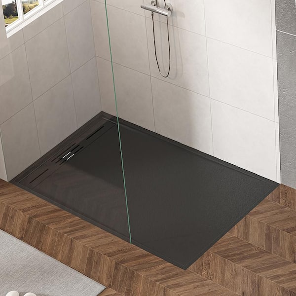 60 in. L x 36 in. W Alcove Shower Pan Base, with Left/Right Drain, Low Profile, Wheelchair Accessible in Black
