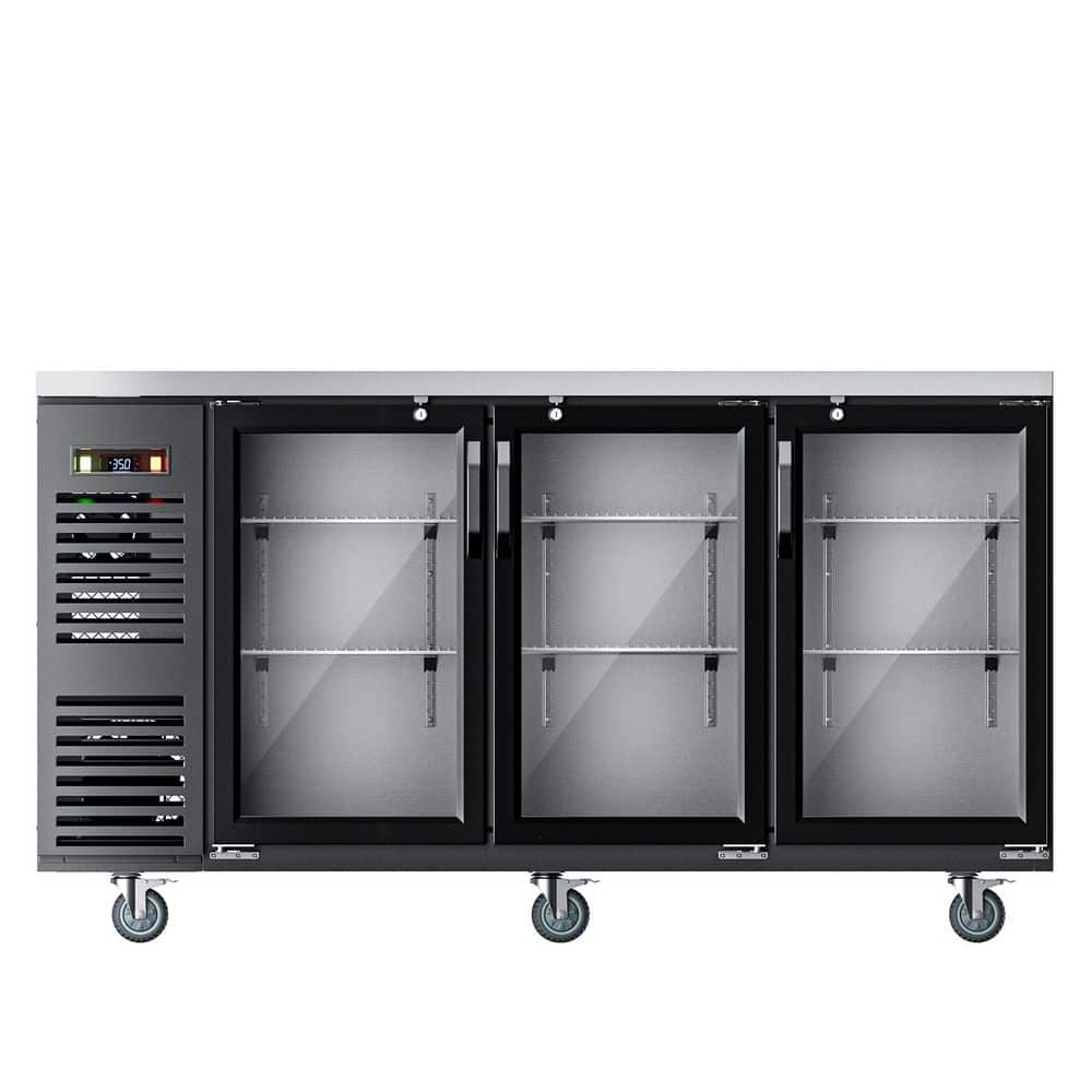 72 in. 24.2 cu. ft. Commercial Counter Height Back Bar Cooler with 3 Glass Doors in Black Stainless Steel, LED Lighting
