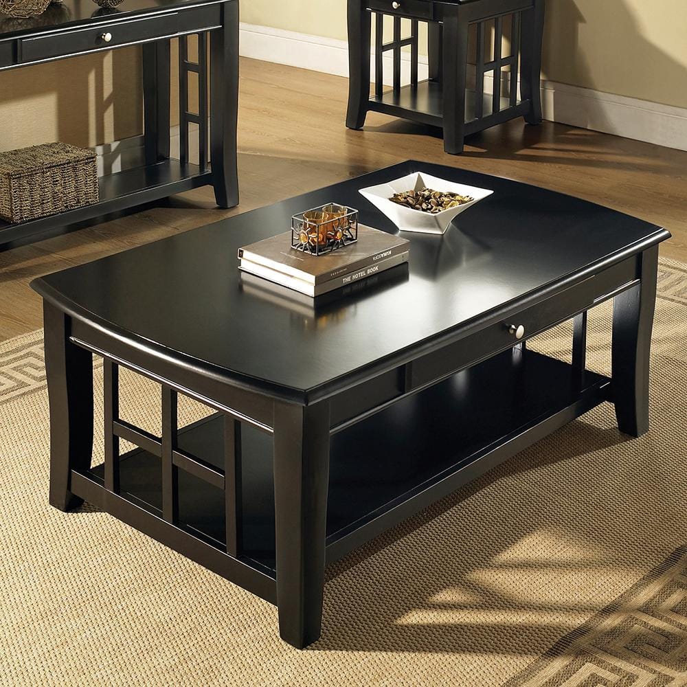 Black Rectangular Wood Coffee Table with Storage and Shelf