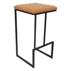 Quincy 29" Quilted Stitched Leather Black Metal Bar Stool With Footrest in Light Brown