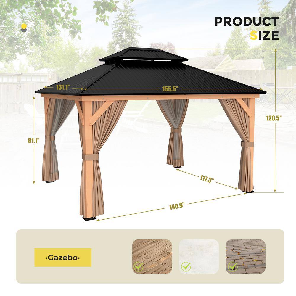 11' x 13' Black Metal Roof Wood Patio Gazebo