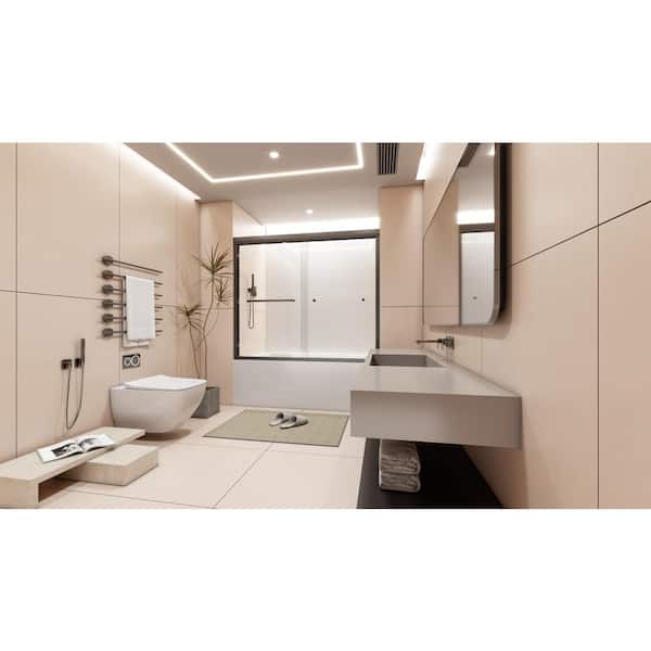 60 in. W x 58 in. H Semi Frameless Sliding Tub Door in Matte Black with Clear Tempered Glass and Towel Bar