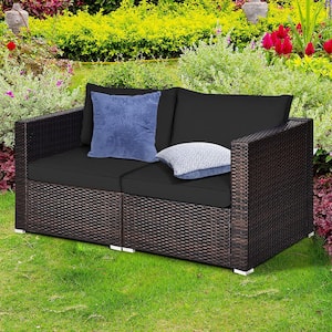2-Piece Wicker Outdoor Rattan Corner Sectional Sofa Set Patio Furniture Set with 4 Black Cushions
