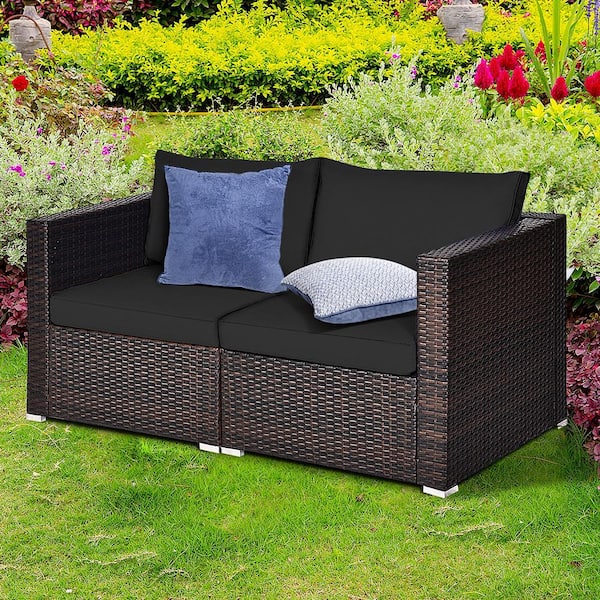 2-Piece Wicker Outdoor Rattan Corner Sectional Sofa Set Patio Furniture Set with 4 Black Cushions