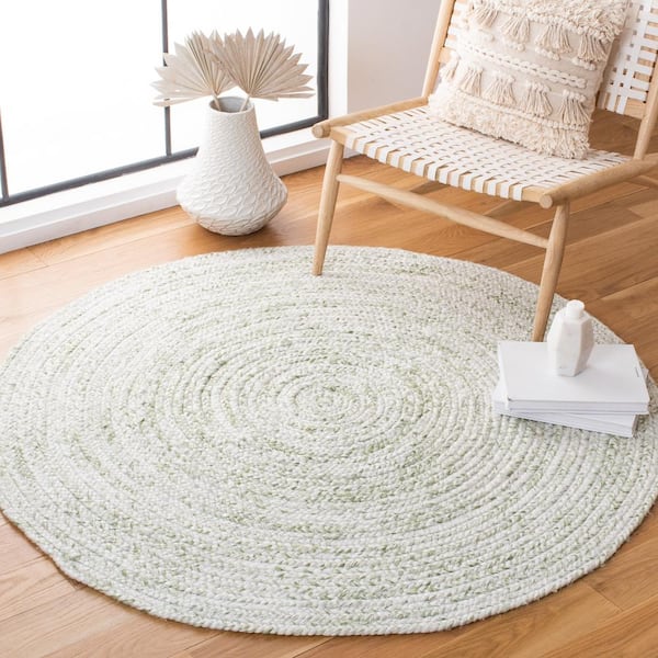 Braided Ivory Green 4 ft. x 4 ft. Border Chevron Round Area Rug