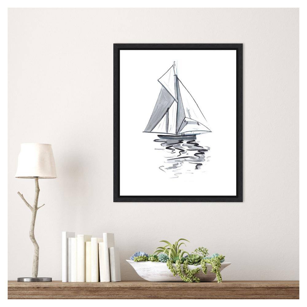 Blue Boat I Black and White Canvas Wall Art with Black Frame