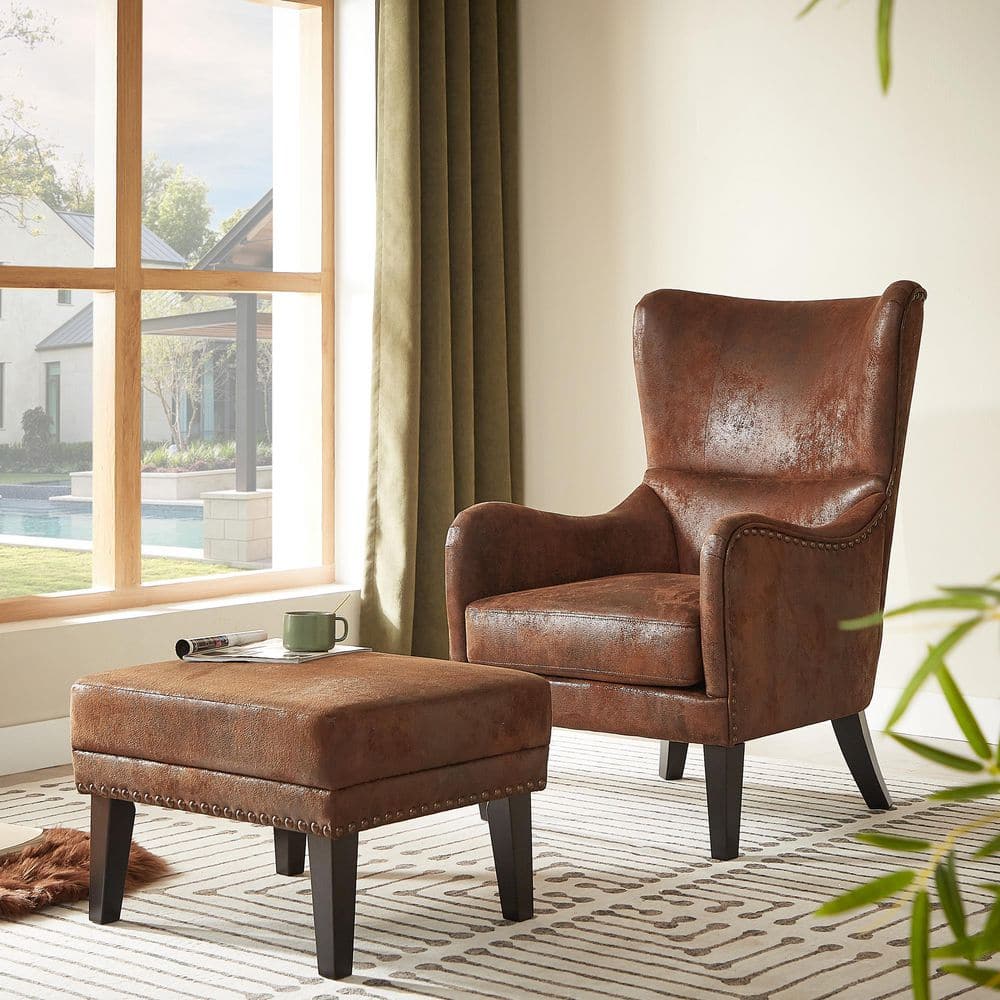 Aleda Brown Polyester Vintage Distressed Lounge Chair with Ottoman