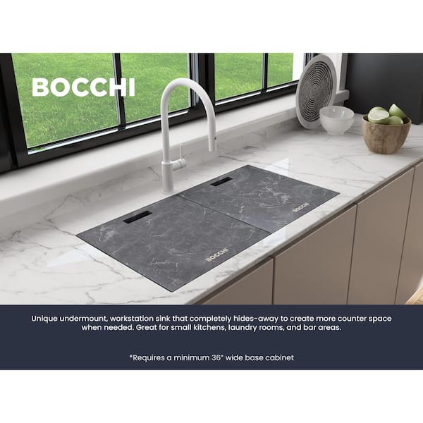 Baveno Lux Metallic Black Granite Composite 34 in. Single Bowl Drop-In/Undermount Kitchen Sink w/Integrated WS & Covers