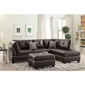Bobkona Viola 104 in. W Armless 3-Piece Faux Leather L Shaped Tufted Sectional Sofa with Reversible Chaise in Brown