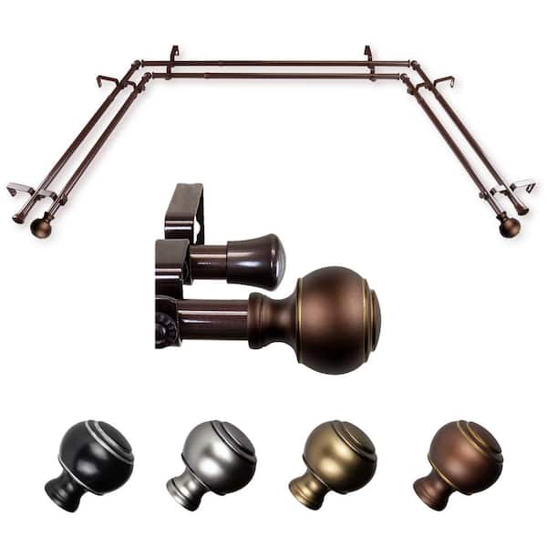 EMOH Miyaki 20-36 in. sides, 38-72 in. center Adjustable Bay Window Double Curtain Rod 13/16 in. in Cocoa with Finial