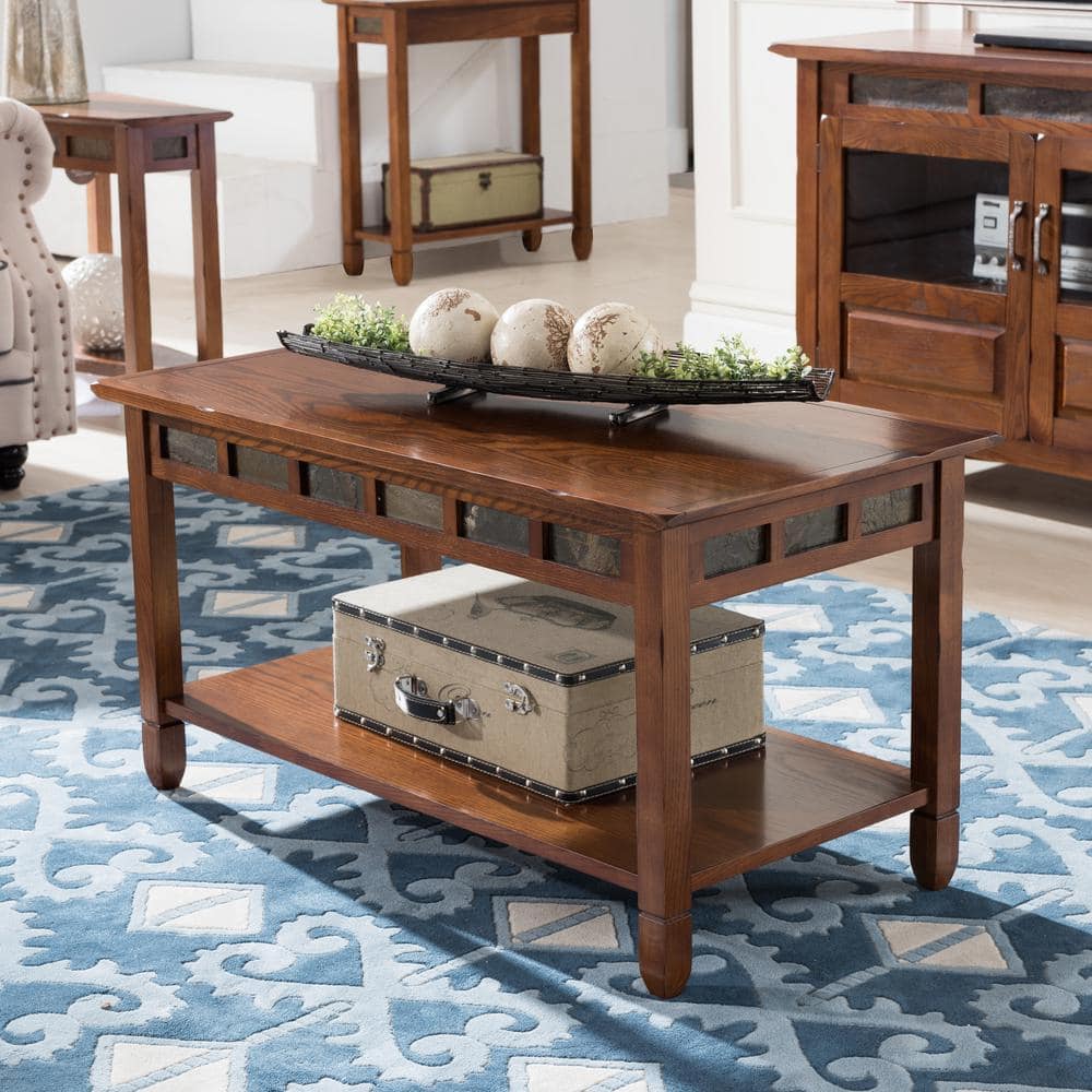 Rustic Oak Rectangular Coffee Table with Slate Details