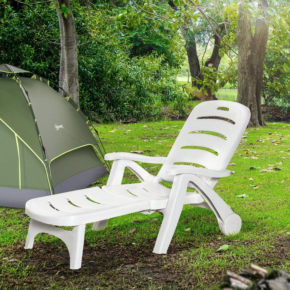 White Plastic Folding Outdoor Chaise Lounge with Adjustable Backrest and Wheels