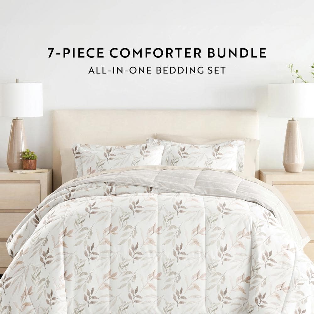 Ivory Floral Queen Microfiber Reversible Bedding Set