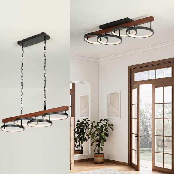 TOZING 4-Light Integrated LED Black Ring Semi- Flush Mount Ceiling Light Dimmable Chandelier 32W with Remote - Flush or Pendant