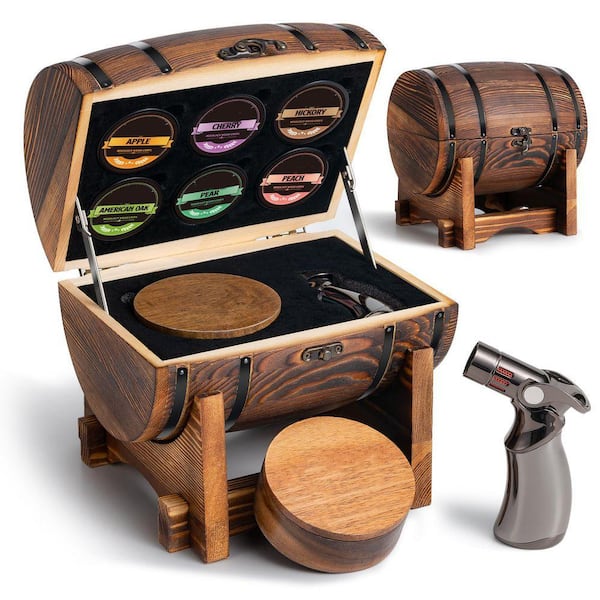 Brown Wood Barrel Zinc Alloy Cocktail Smoker Kit with Torch and 6 Wood Chips for Whiskey Old Fashioned (No Butane)