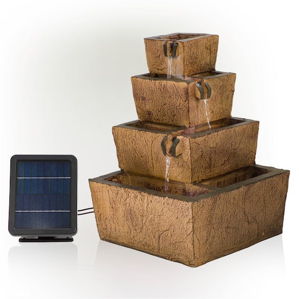 Alpine Corporation 17 in. Tall Solar Rustic Tiered Fountain Yard Decoration with LED Lights