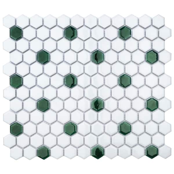 Merola Tile Metro Ion 1" Hex Emerald Dot with Glossy White 10-1/4 in. x 11-7/8 in. Porcelain Mosaic Tile (8.6 sq. ft./Case)