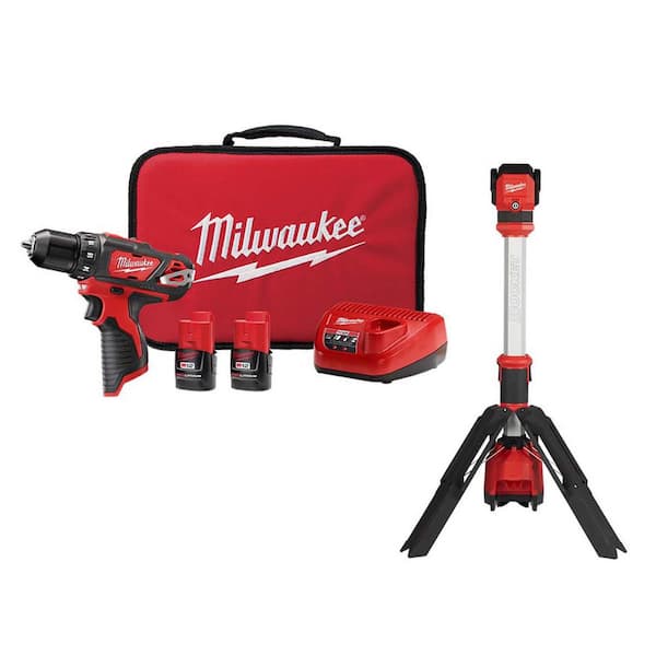 Milwaukee M12 12V Lithium-Ion Cordless 1/4 in. Right Angle Hex Impact Driver w/M12 1400 Lumen ROCKET LED Stand Work Light