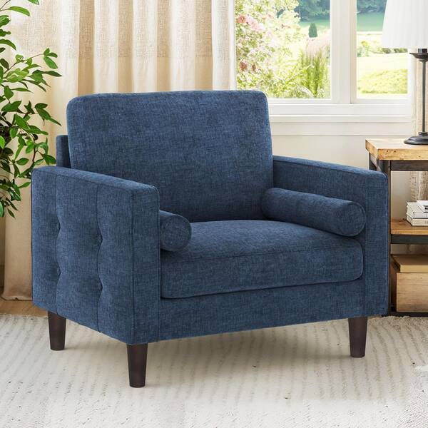 LUE BONA Loyo Mid Century Blue Chenille Fabric Upholstered Accent Chair Solid Wood Frame Button Tufted Armchair