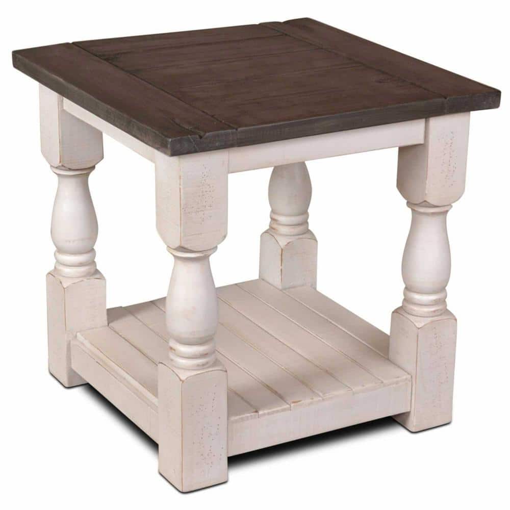 AndMakers Rustic French 24 in. Cottage White and Brown Square Wood End Table BH1750100 The