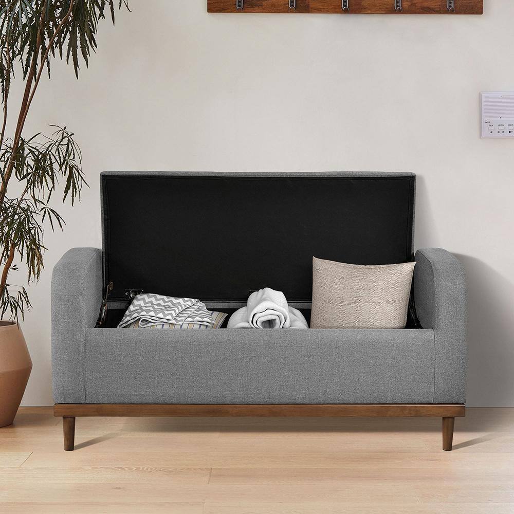 Gray Fabric Lift Top Storage Bench with Walnut Wood Frame