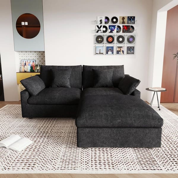 82.6 in. Square Arm Plush Linen 3-Piece Loveseat Cloud Couch Modular Sectional Sofa with Ottoman in Black