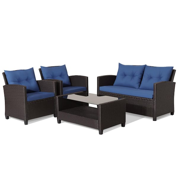 Gymax 4-Pieces Outdoor Conversation Set Patio PE Rattan Set with Glass Table & Sofa Cushions Navy