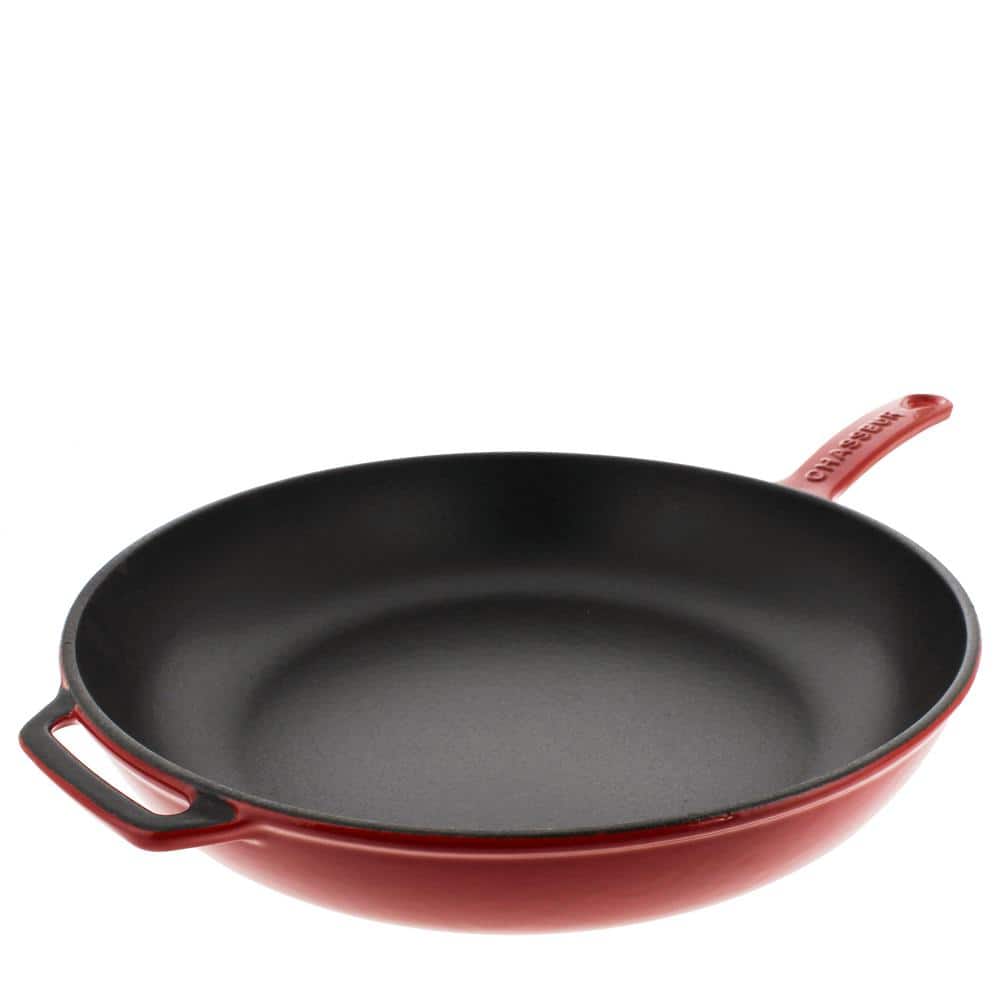 Red Enameled Cast Iron Frying Pan with Glass Lid