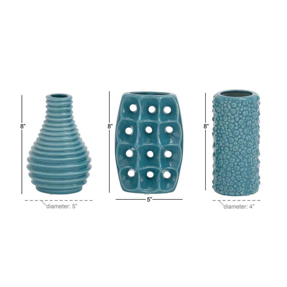 Modern Blue Ceramic Trio Vase Set with Textured Embellishments