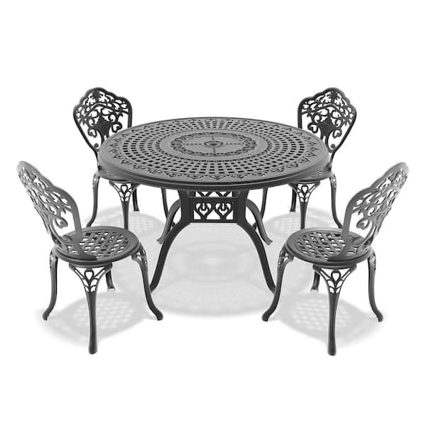 Sudzendf Black 5-Piece Aluminum Outdoor Dining Set Includes 1-Round Table and 4-Chairs with Umbrella Hole