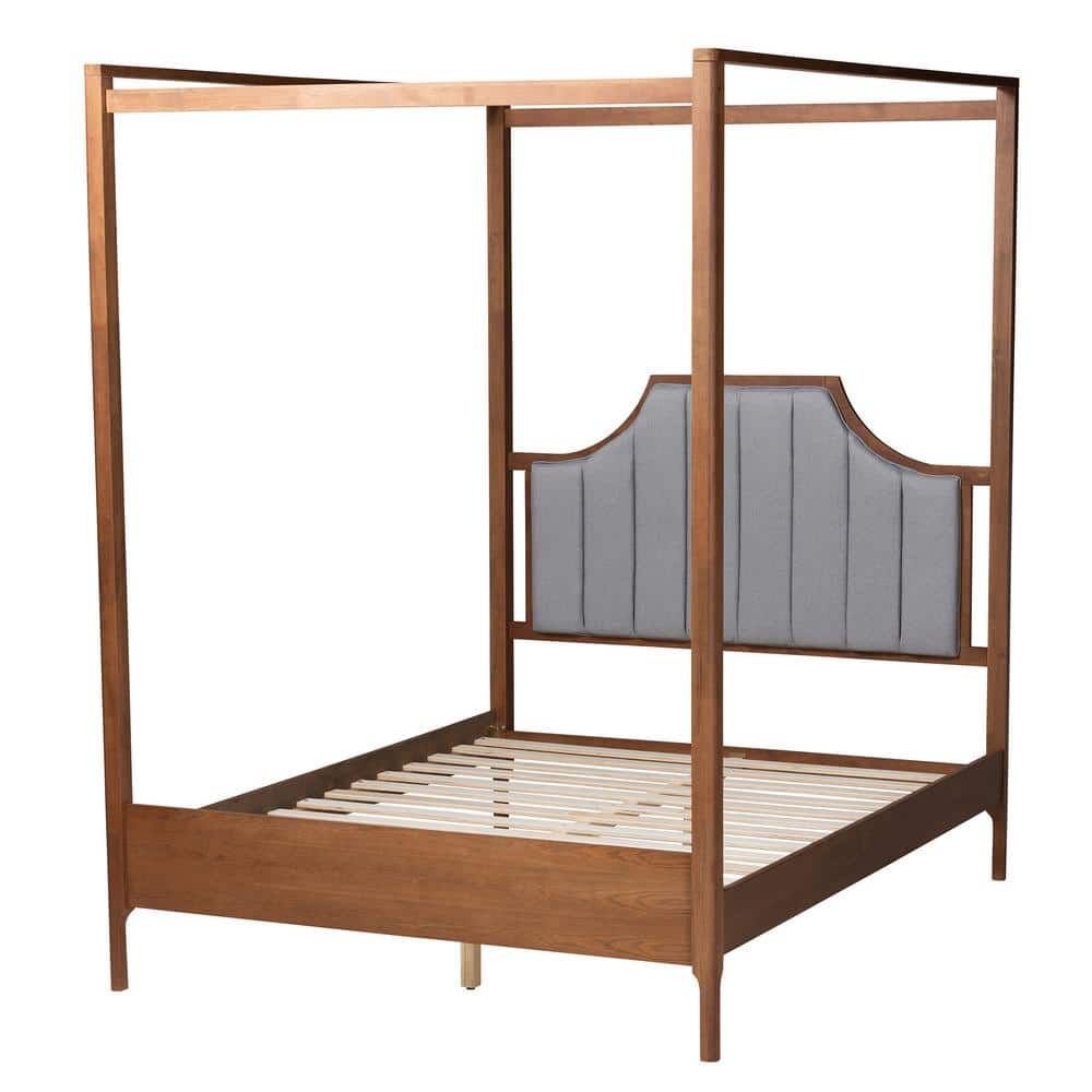 Ash Walnut and Light Grey Fabric Upholstered Queen Canopy Bed with Tufted Headboard