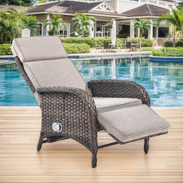 PlainCurve 1-Piece Brown Wicker Outdoor Patio Adjustable Recliner Chair with Beige Cushions
