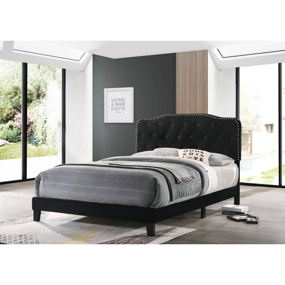 Black Velvet Full Bed with Tufted Upholstered Headboard