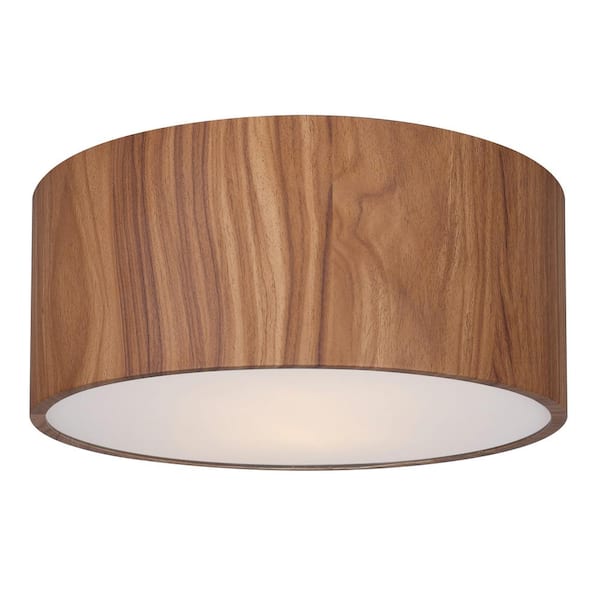 Dexter 13 in. 2-Light 15-Watt Mid Century Modern Matte Black Flush Mount with Faux Woodgrain Metal Shade