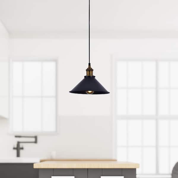LAZZUR Yonne 1-Light 10 in. Matte Black Pendant With Metal Shade