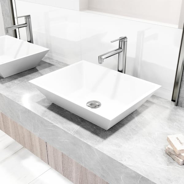 VIGO Matte Stone Vinca Composite Rectangular Vessel Bathroom Sink in White with Faucet and Pop-Up Drain in Brushed Nickel