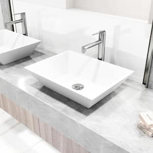 Matte Stone Vinca Composite Rectangular Vessel Bathroom Sink in White with Faucet and Pop-Up Drain in Brushed Nickel