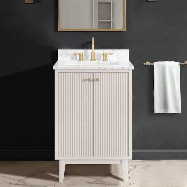 Sylvie 24 in. Single Sink Fluted Dove Bathroom Vanity with Volakas Engineered Stone Top (Assembled)