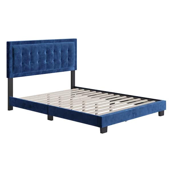 Pisa Blue Velvet Queen Size Fully Upholstered Platform Bed Frame with Adjustable Headboard