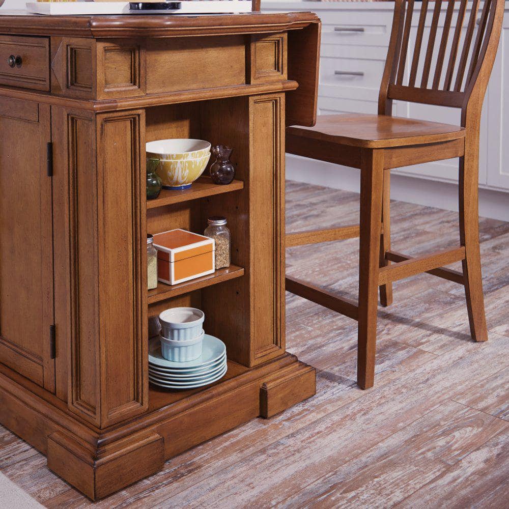 Americana Oak Wood Kitchen Island Set with Stools