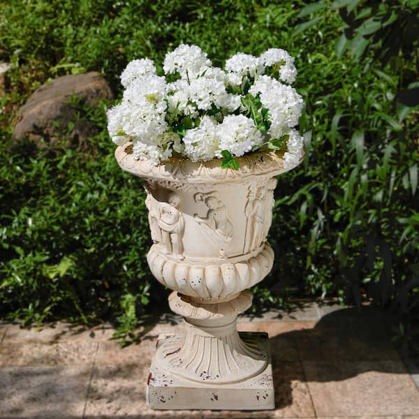 Ravell Patio 19.25 in. W x 27 in. H Antique White Concrete Outdoor Garden Urn Planter, Magnesium Oxide(MGO)