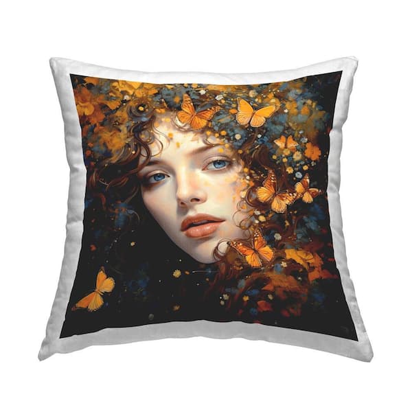 Stupell Industries Elegant Girl and Butterflies Orange Abstract Polyester 18 in. x 18 in. Throw Pillow