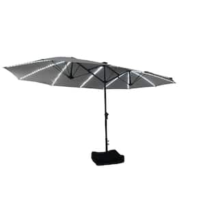15 ft. Double Side Outdoor Patio Market Umbrella in Gray with Fiberglass Rib, 360° Illumination, Base for Yard